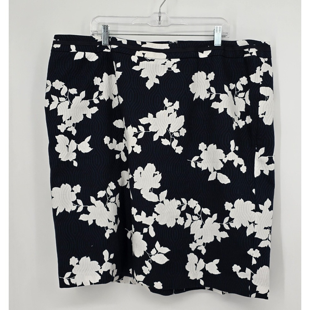 Talbots Pencil Skirt Womens 20W Navy White Floral Textured Career Kick Pleat